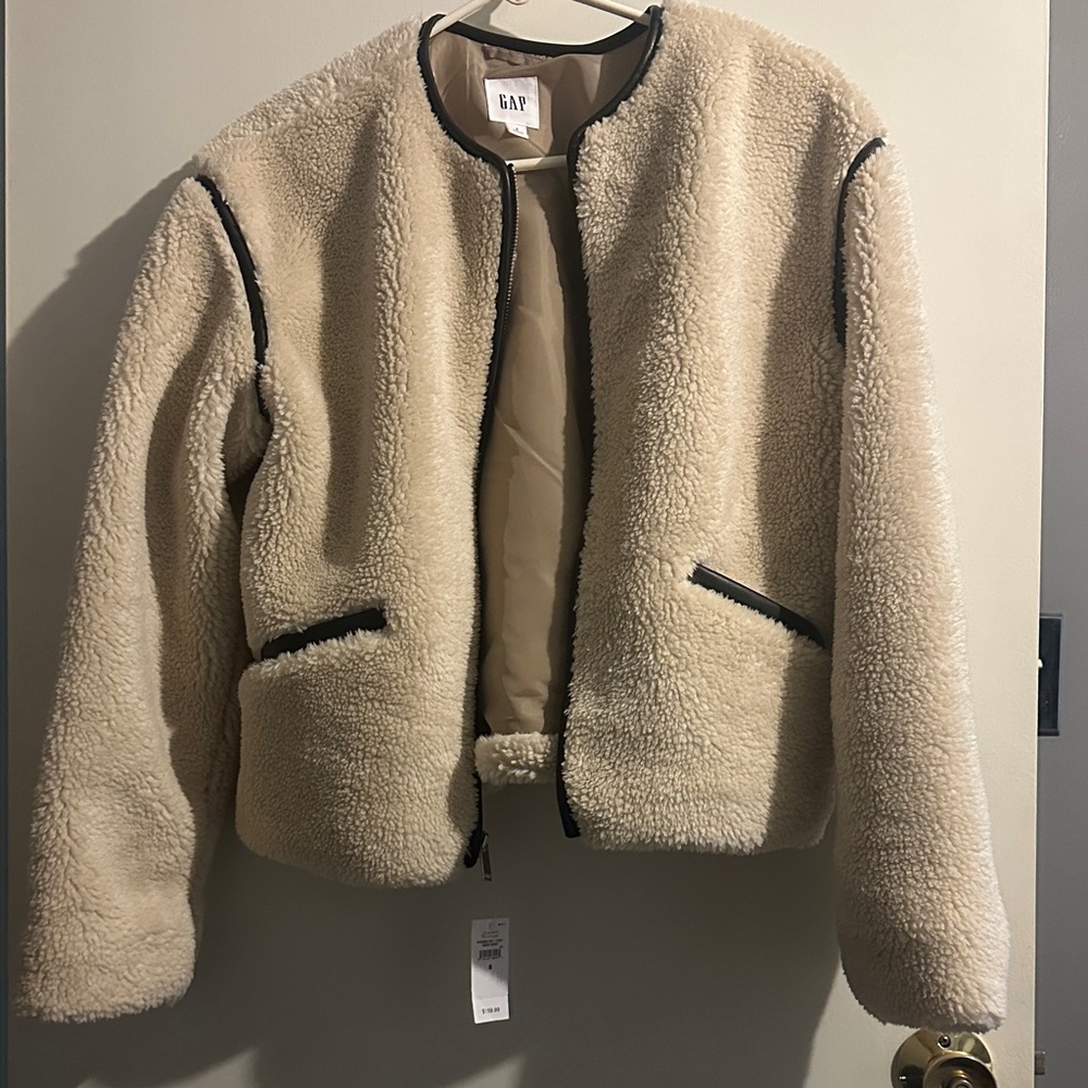 GAP Cream Teddy Jacket with Black Trim